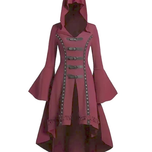Goth Halloween Cosplay Burgundy Hooded Dress Trumpet Sleeves 2XL - Picture 3 of 4
